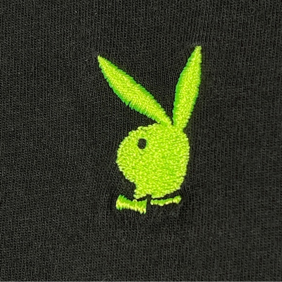 PLAYBOY by PACSUN black cotton t-shirt with neon green trim and logo, size L - Picture 3 of 12